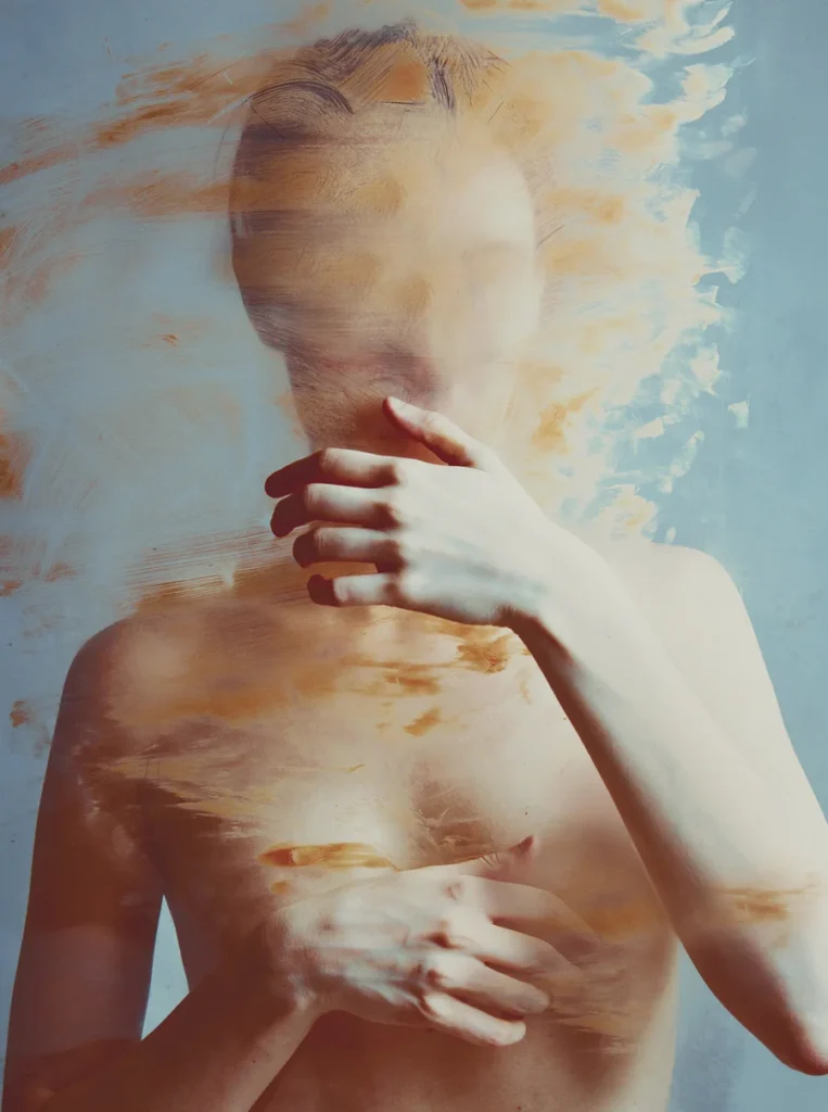 Figura detrás de una superficie translúcida con manchas de pintura que ocultan el rostro, obra surrealista de Flora Borsi.