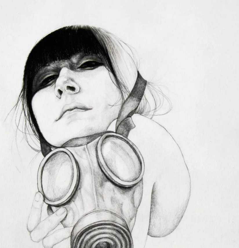 Dibujo a lápiz de figura con máscara antigás, mirada intensa hacia arriba, arte gráfico sobre protección y tensión emocional