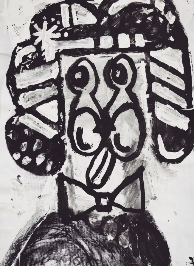 Pintura abstracta en blanco y negro de un rostro humano estilizado con formas geométricas, obra de Bäst.