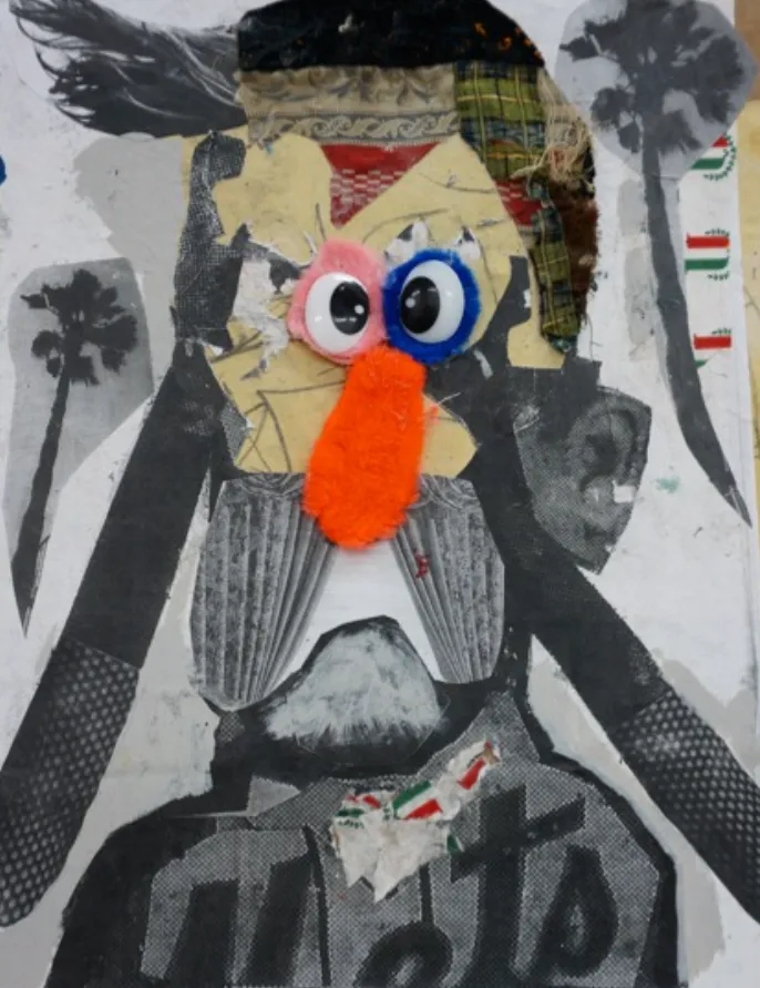 Collage artístico de Bäst con rostro surrealista hecho de materiales mixtos, incluyendo ojos de plástico, tela, papel y fotografías en blanco y negro.