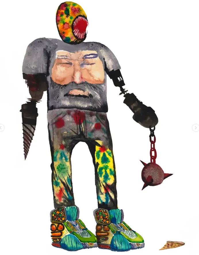 Ilustración surrealista de una figura humanoide con cabeza ovalada, brazo en forma de taladro y ropa colorida, estilo David Choe.