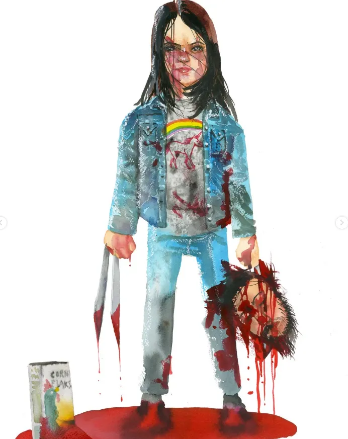 Ilustración surrealista de una figura humanoide con cabeza cortada, brazo sosteniendo un cuchillo sangriento en forma de taladro y ropa colorida, estilo David Choe.