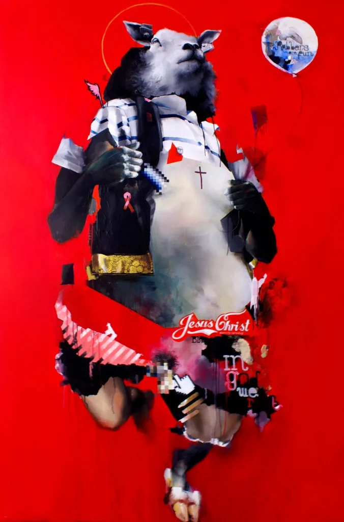 Figura híbrida animal-religiosa sobre fondo rojo en collage digital de Joram Roukes con símbolos cristianos y cultura pop