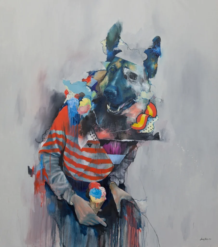 Figura híbrida con cabeza de pastor alemán, camiseta a rayas y helado multicolor en estilo collage urbano por Joram Roukes.
