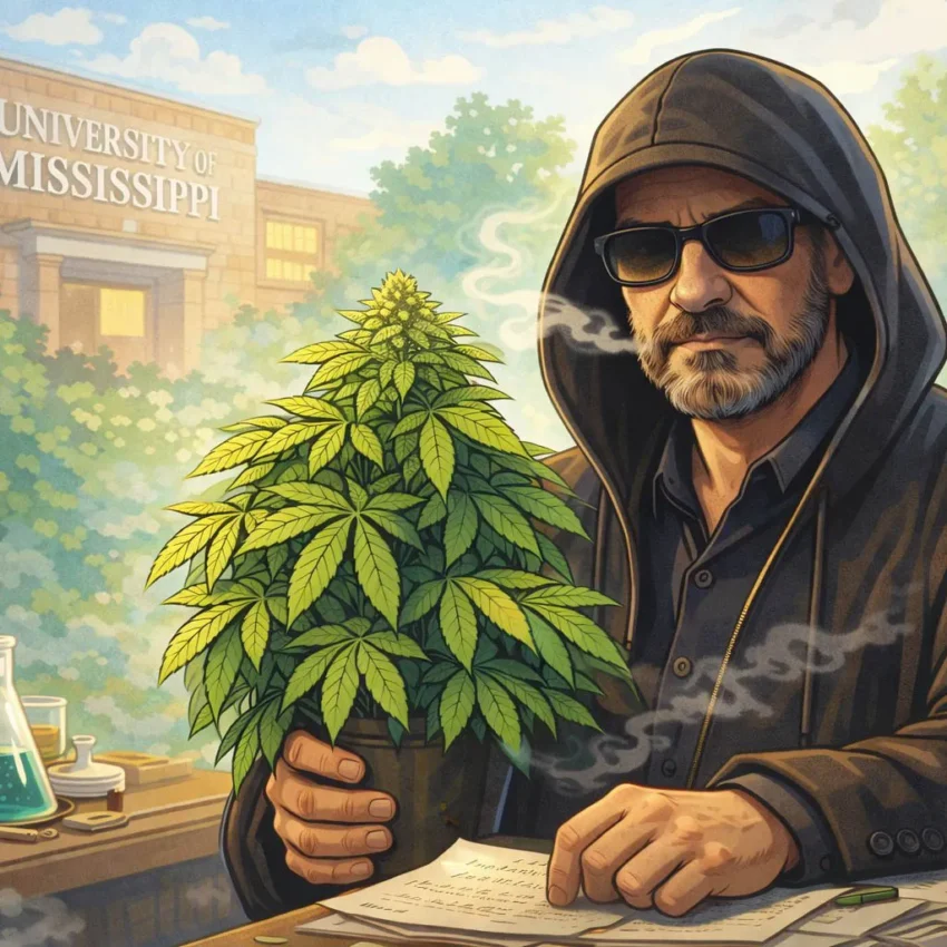 “Hombre con planta de cannabis frente a edificio académico.”