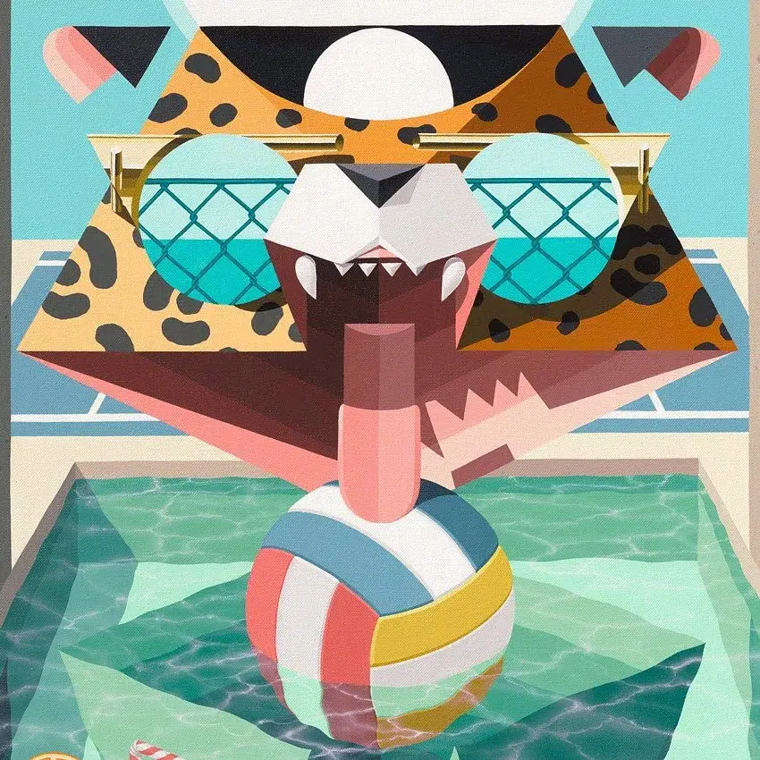 Ilustración geométrica de un jaguar con gafas de sol, lengua extendida tocando una pelota en una piscina abstracta con flotador a rayas.