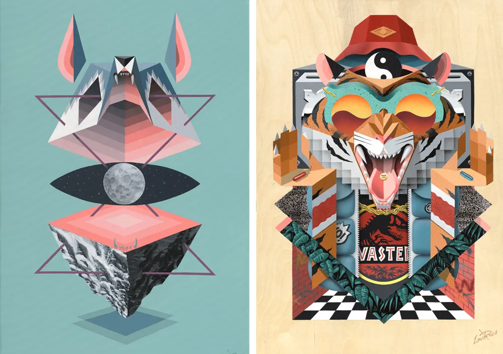 Dos ilustraciones digitales surrealistas: una con murciélago geométrico y montaña invertida, otra con tigre estilizado, símbolo yin-yang y la palabra "WASTED".