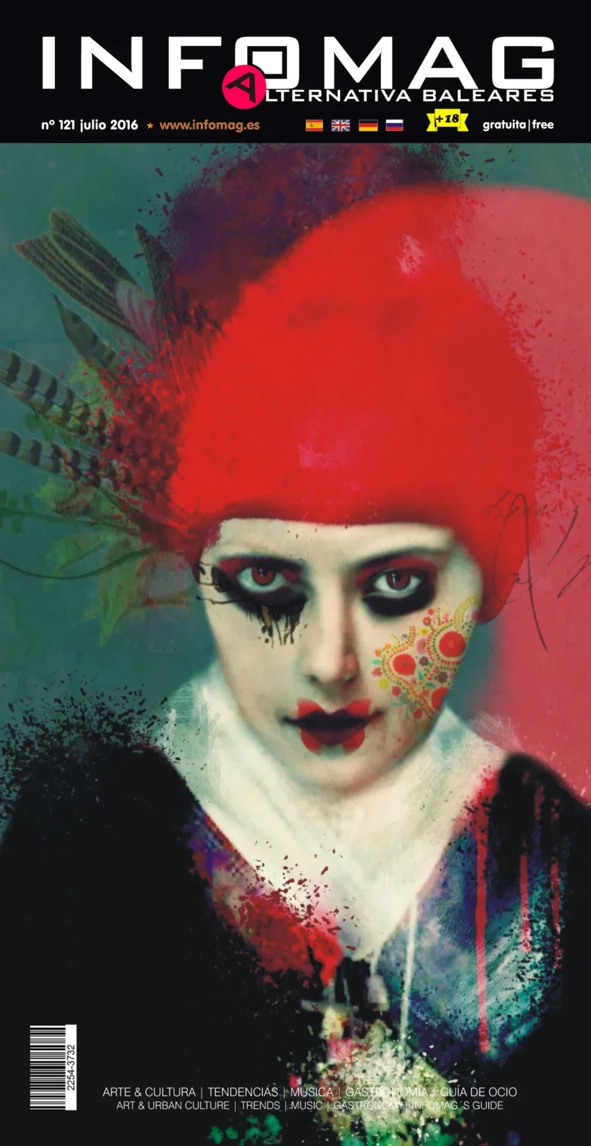 Portada de la revista Infomag Nº121 con retrato surrealista de rostro pálido, labios rojos y adornos abstractos sobre fondo oscuro y vibrante.