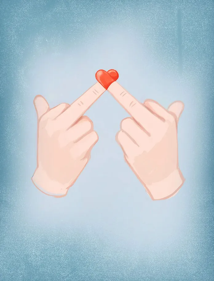 Dos manos formando un corazón con los dedos sobre fondo azul claro texturizado, en gesto simbólico de afecto.