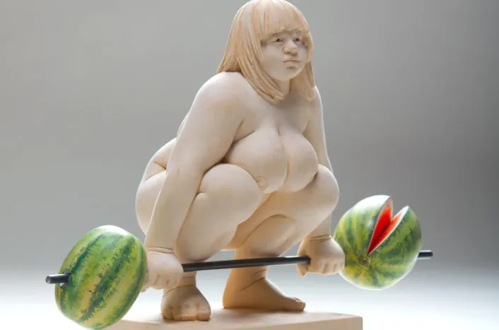 Escultura de figura humana desnuda en posición de sentadilla levantando barra con dos sandías como pesas, una de ellas abierta, sobre base de madera.
