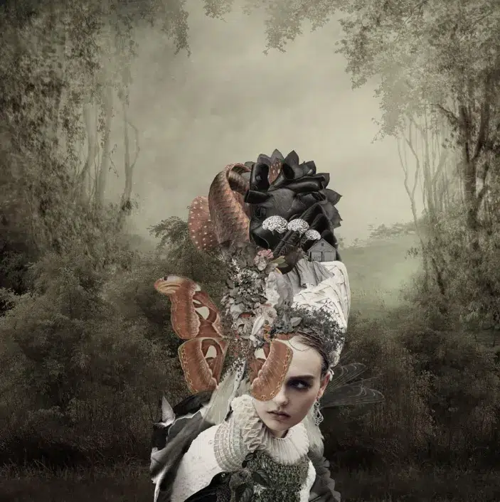 Collage surreal de Amalia Pereira con figura femenina sobre un corazón y aves alrededor.