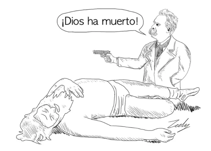 Dibujo en blanco y negro de Nietzsche disparando a una figura divina