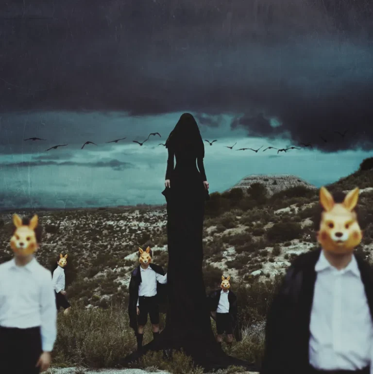 Figura central encapuchada rodeada por cinco personas con máscaras de animales en un paisaje oscuro y montañoso. Imagen cargada de misterio y ritualidad, que refleja el lenguaje visual introspectivo y simbólico de Frank Diamond.