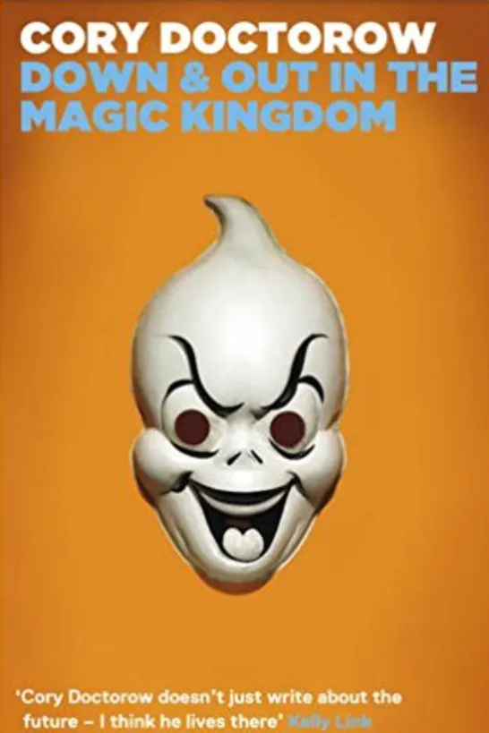 Portada naranja con rostro fantasmal y título del libro de Cory Doctorow