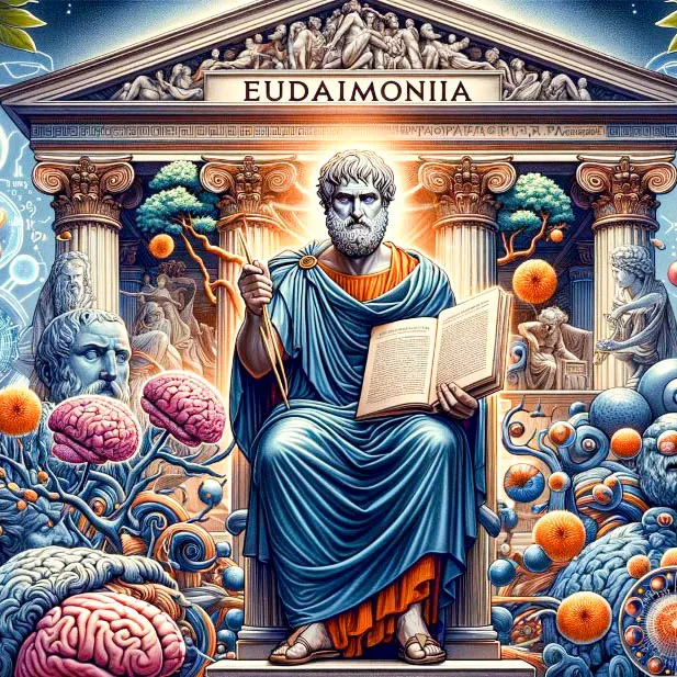 Filósofo frente al templo de Eudaimonia, rodeado de símbolos científicos y anatómicos.