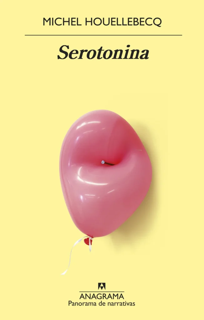 Portada del libro Serotonina de Michel Houellebecq con globo rosa en forma de corazón.