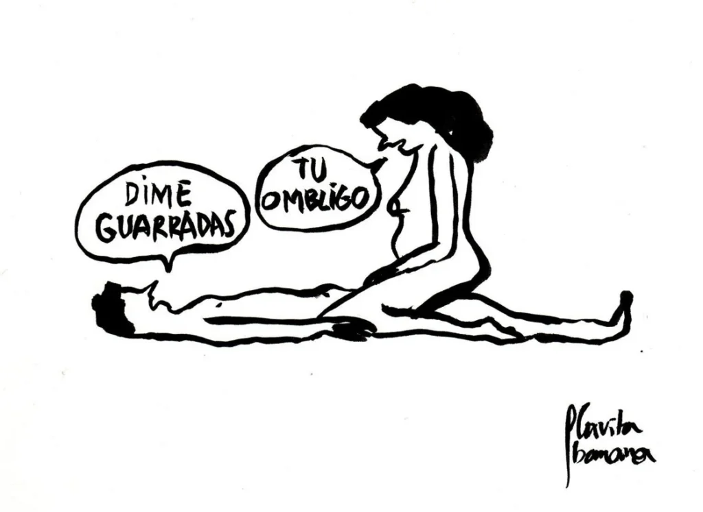Viñeta en blanco y negro de Flavita Banana con figura femenina en posición íntima y texto que reflexiona sobre el descanso y la perfección.