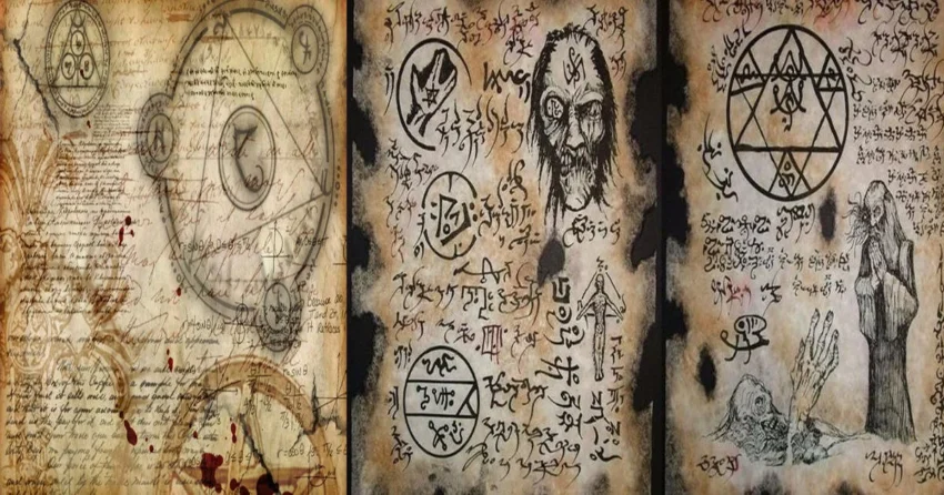 Páginas antiguas de un grimorio con símbolos ocultistas, diagramas alquímicos y dibujos de calaveras y figuras esqueléticas.