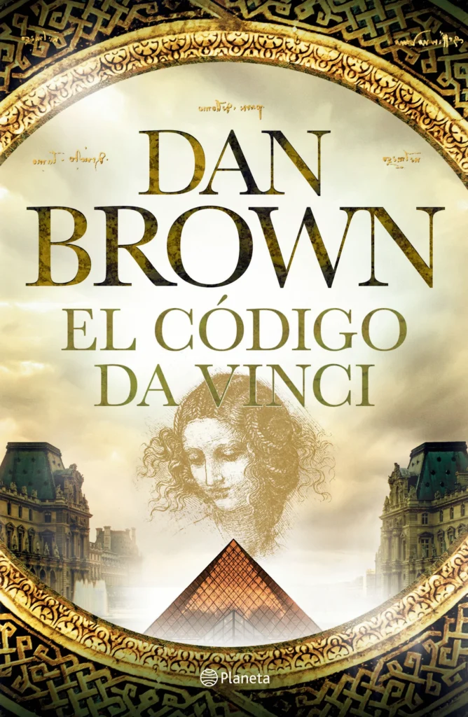 Portada de El código Da Vinci de Dan Brown, con marco dorado, rostro femenino difuminado y la pirámide del Louvre.