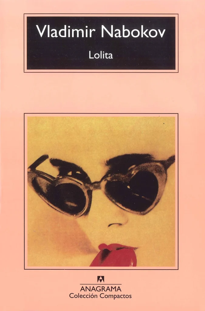 Portada del libro Lolita de Vladimir Nabokov, con fondo rosa, gafas oscuras y piruleta roja.