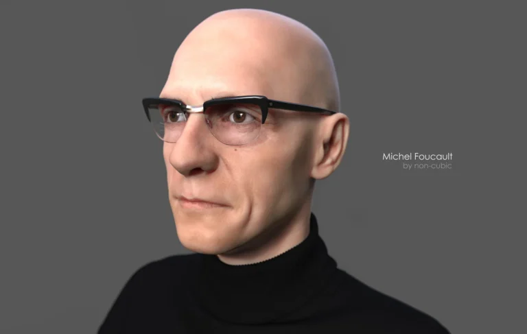 Retrato digital hiperrealista de Michel Foucault con gafas y cuello alto negro