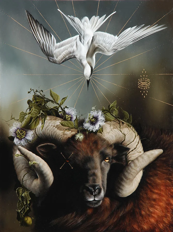Obra de Josie Morway: carnero con cuernos adornados por flores de la pasión y aves blancas en vuelo sobre fondo simbólico
