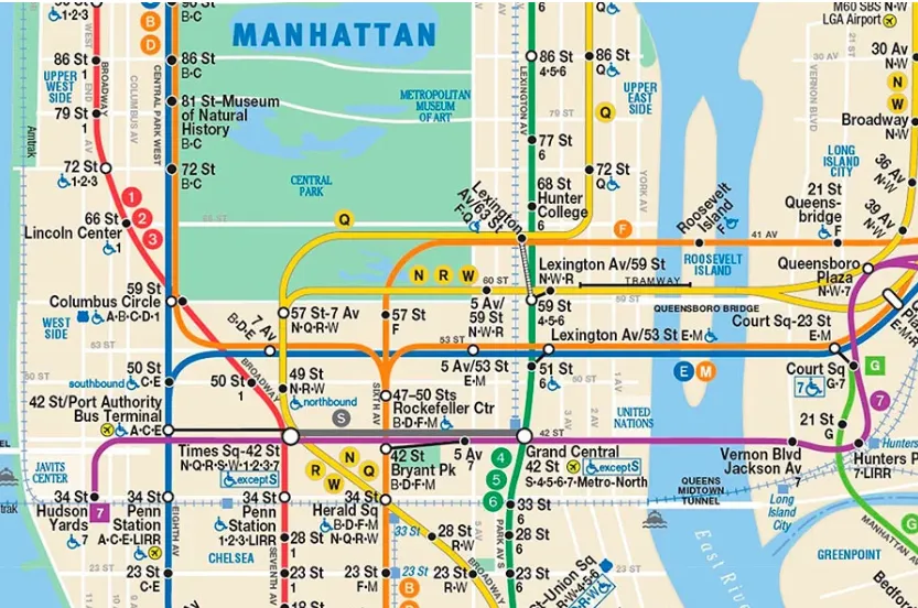 Mapa del metro de Nueva York con líneas y estaciones principales en Manhattan y Queens.