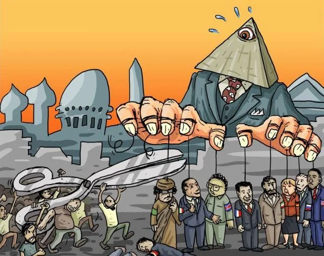 Caricatura política de una figura piramidal con ojo que manipula personas como marionetas, mientras unas tijeras cortan los hilos simbolizando liberación