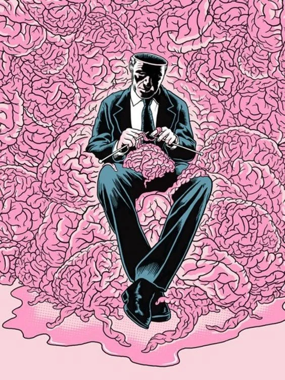 Hombre trajeado cose un cerebro rosa entre decenas de cerebros idénticos, en una escena surrealista.