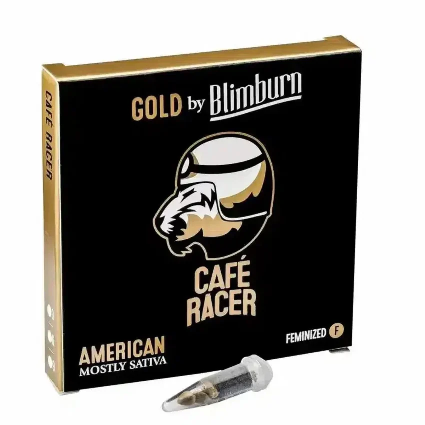 Envase de semillas de cannabis Café Racer de Blimburn con cápsula transparente al frente.