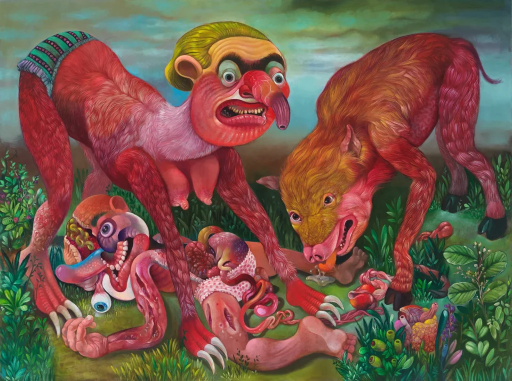 Pintura grotesca de Gregory Jacobsen con dos criaturas híbridas de rasgos humanos y animales sobre un cuerpo distorsionado en un paisaje vegetal.