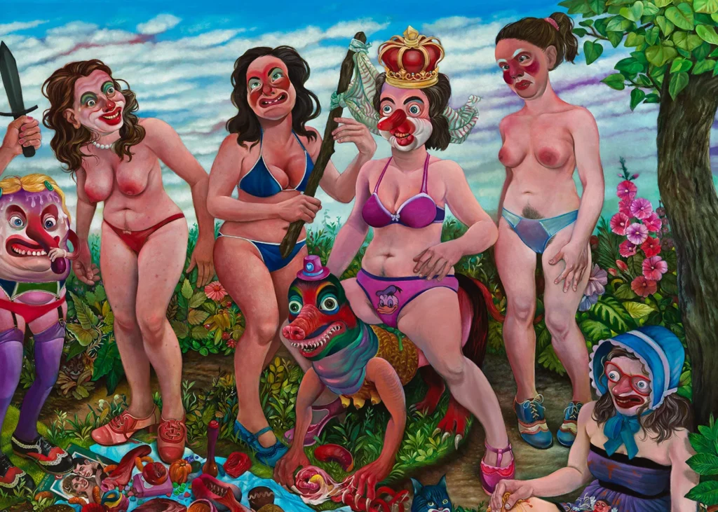 Grupo de figuras grotescas con máscaras distorsionadas y criatura híbrida en un paisaje surreal de Gregory Jacobsen.