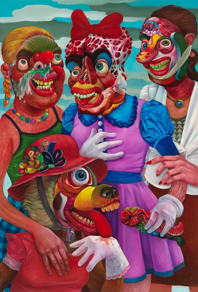 Grupo de figuras grotescas con rostros distorsionados y un animal humanizado en un paisaje surreal de Gregory Jacobsen.