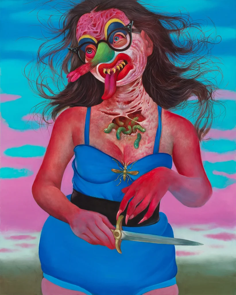 Figura grotesca con rostro distorsionado, torso abierto y elementos simbólicos en un paisaje surreal de Gregory Jacobsen.