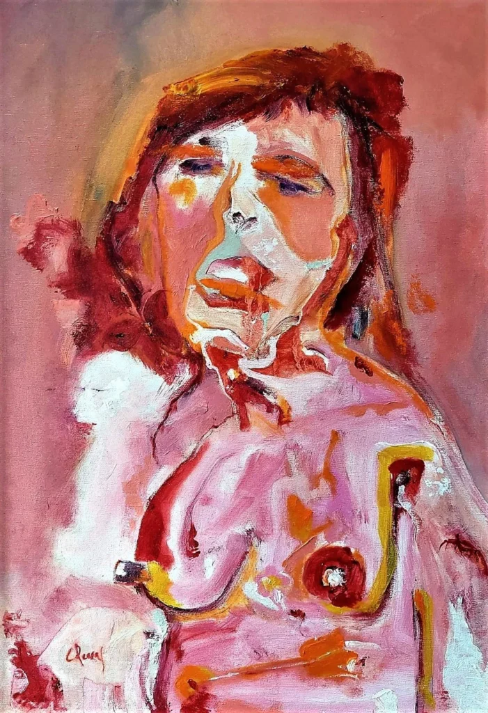 Pintura expresionista de Carlos Penas con figura femenina distorsionada en tonos rojos, rosas y blancos.