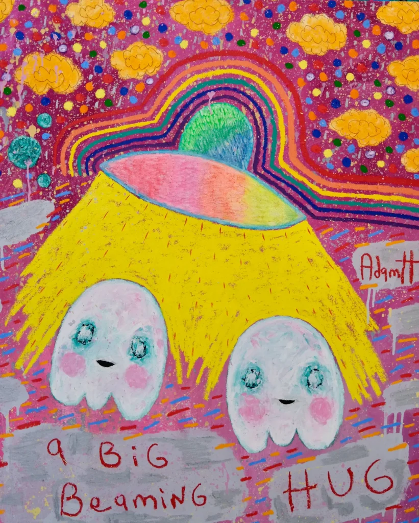 Dos fantasmas sonrientes bajo una cúpula amarilla que emite rayos arcoíris, con fondo estrellado y texto “a BIG Beaming HUG”.