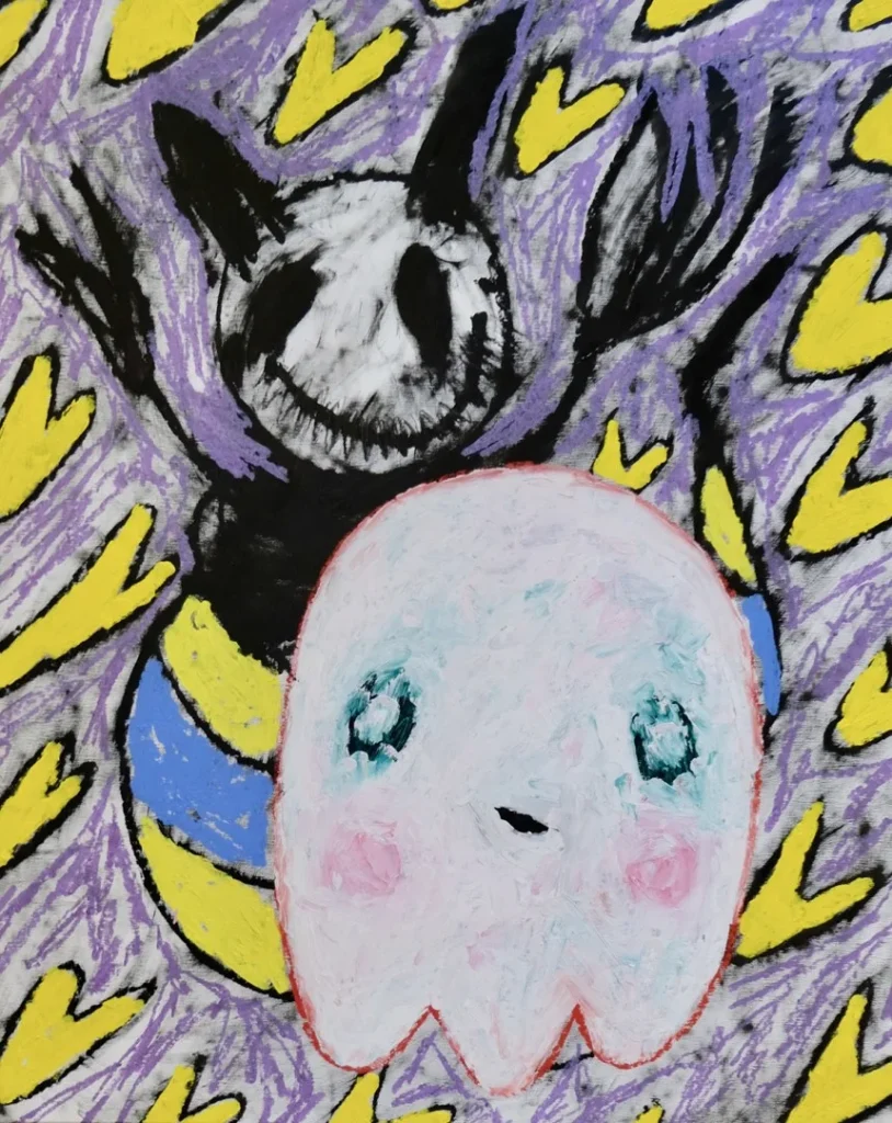 Dos personajes estilizados de Adam Handler sobre fondo de corazones amarillos y remolinos púrpura.