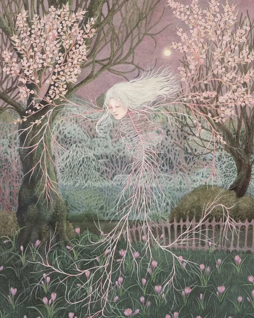 Figura femenina fusionada con raíces en bosque onírico con flores y cielo violeta