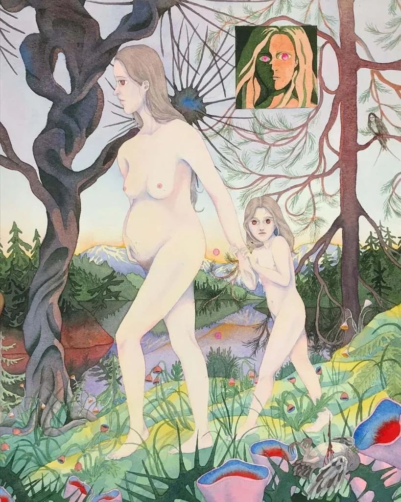 Mujer embarazada y niña desnuda caminando por bosque fantástico con lago, esqueletos y retrato flotante