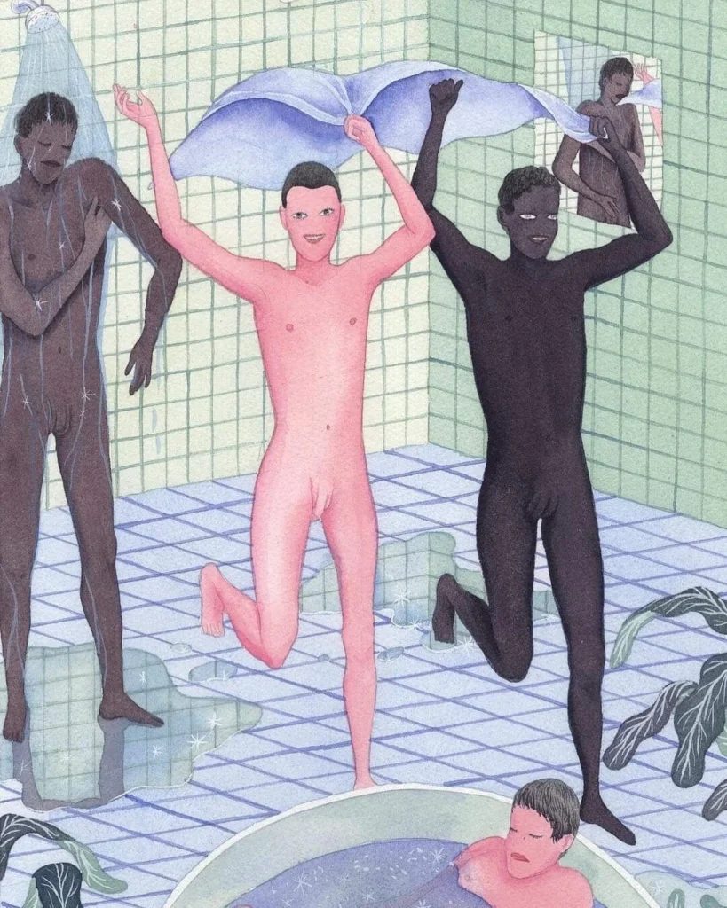 Figuras desnudas en baño colectivo con gesto ritual y fondo de azulejos