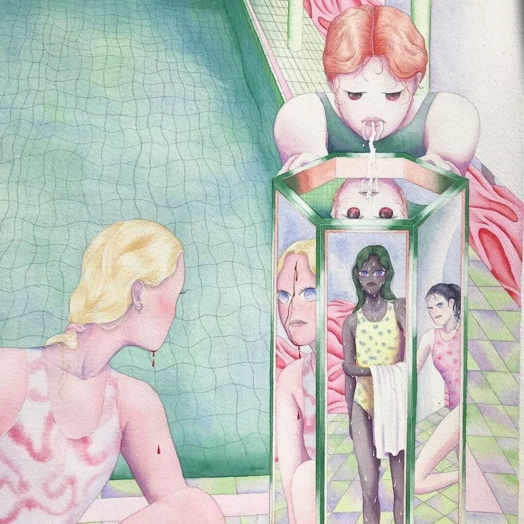 Escena surreal en piscina con figuras reflejadas, líquidos rojos y gestos rituales