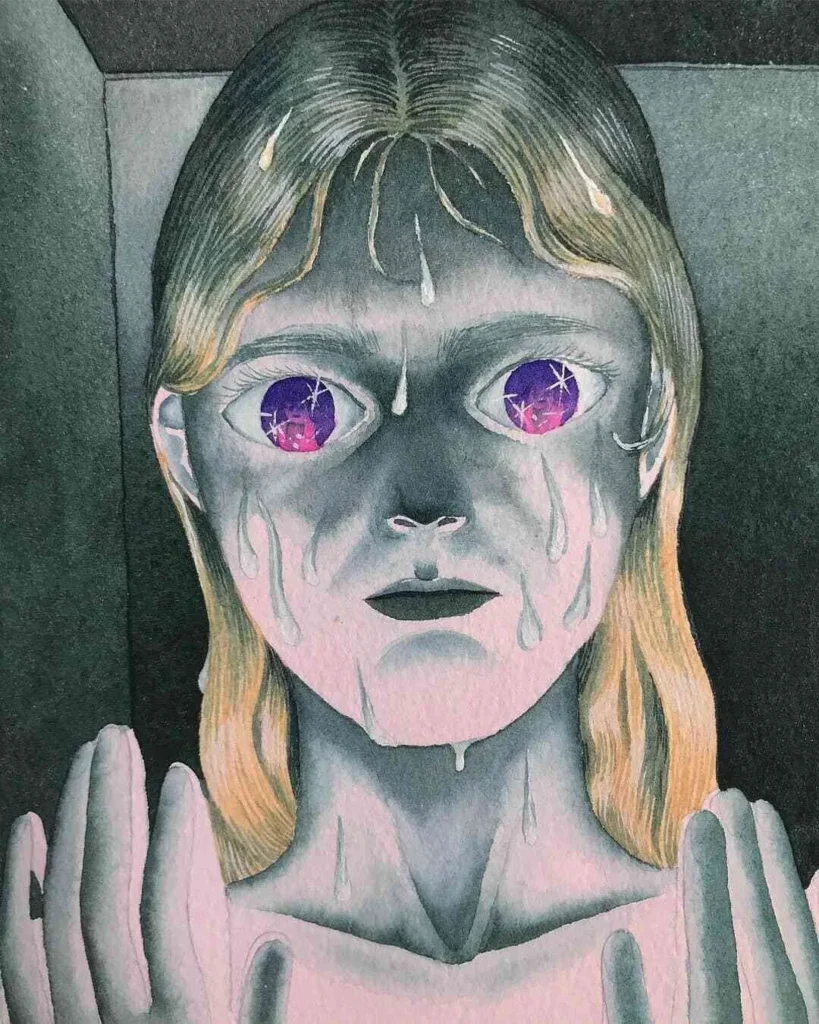 Rostro con ojos cósmicos y lágrimas líquidas en fondo oscuro