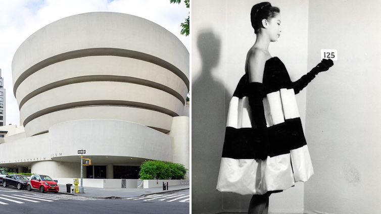 A la izquierda, el Museo Solomon R. Guggenheim diseñado por Frank Lloyd Wright. A la derecha, una imagen de una modelo con un vestido de la colección de 1958.