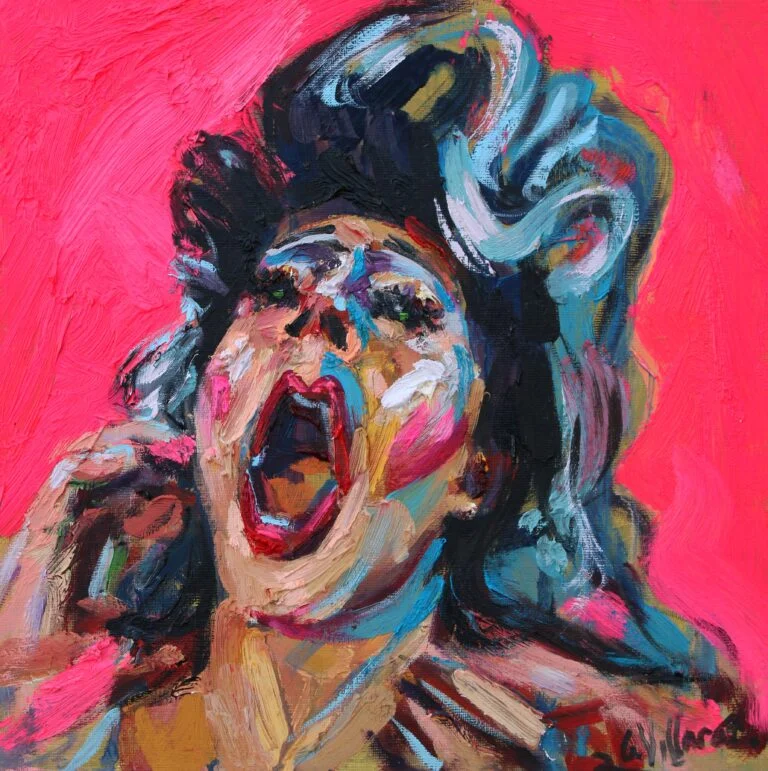 Retrato expresionista en tonos rosas y azules de una figura Drag gritando, obra de Antonio García Villarán.