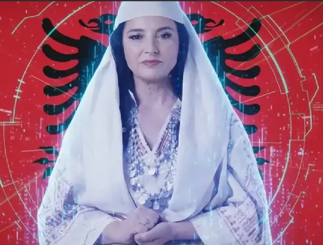 Mujer con traje tradicional albanés frente a fondo digital con el emblema del águila bicéfala. Representación visual de Diella, ministra virtual creada por inteligencia artificial para combatir la corrupción en Albania.