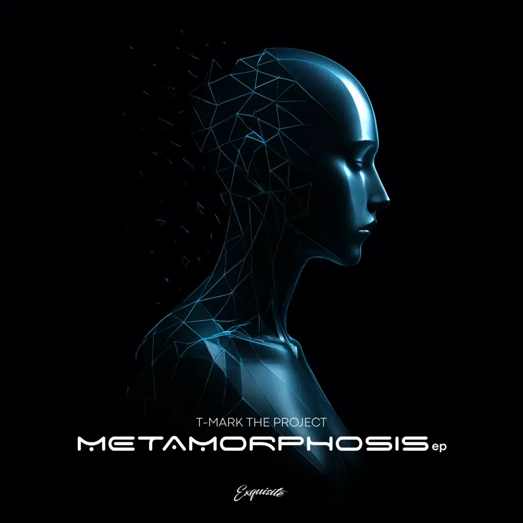 Figura humanoide azul metálica en perfil, fragmentándose en polígonos, con fondo negro.
