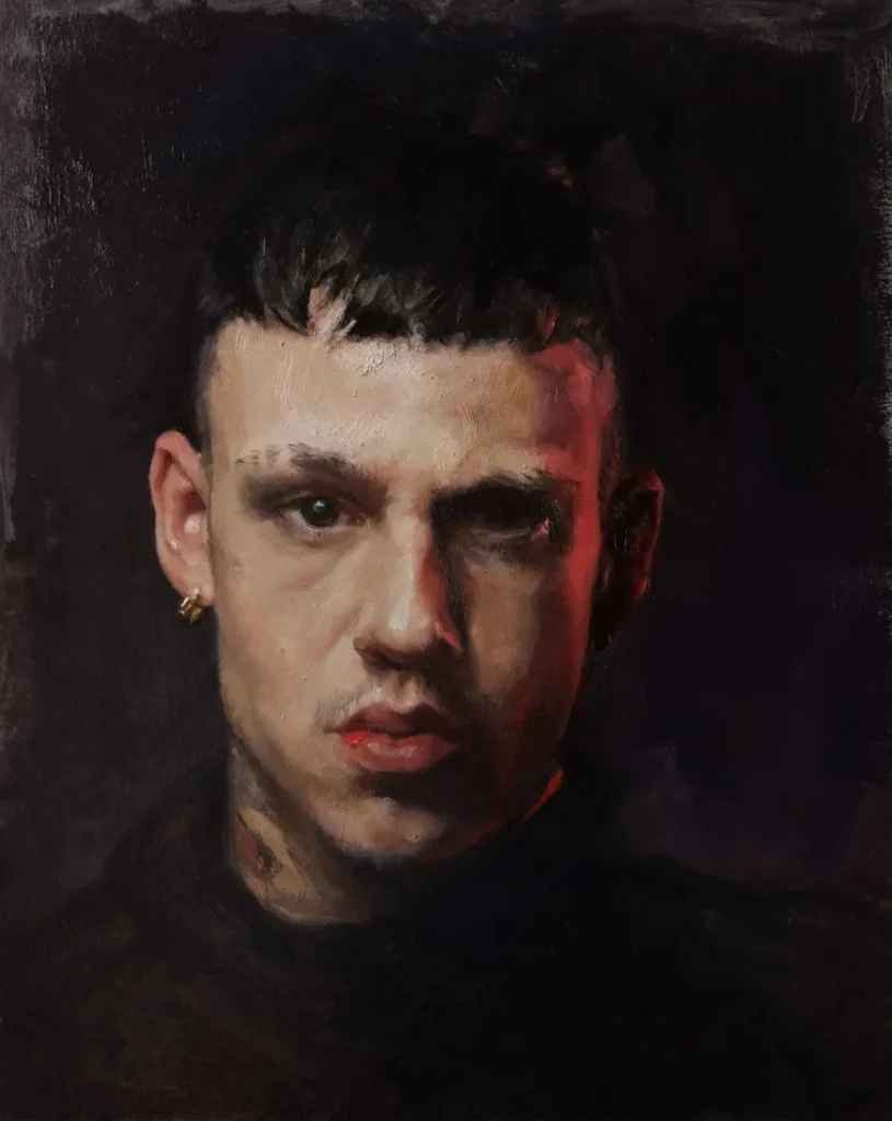 Retrato de Alessandro Tomassetti de hombre joven de ojos negros, se ve mejor uno de los ojos, 