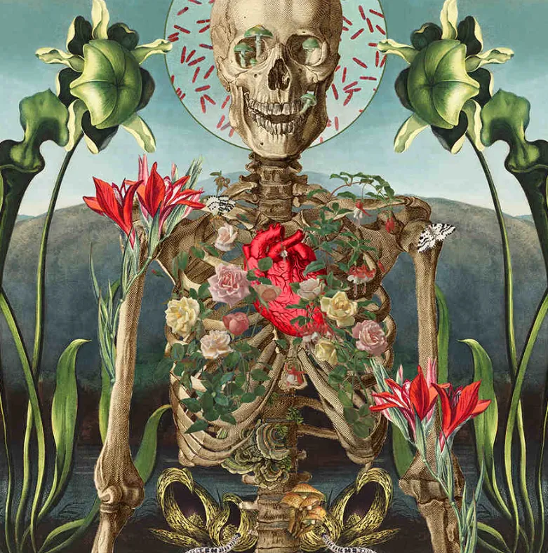Obra de Amy Salomone: esqueleto humano con flores vibrantes, serpientes y hongos en paisaje natural, con halo simbólico.