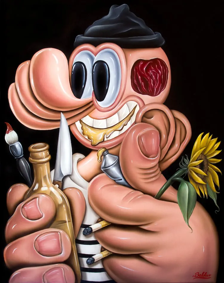 Figura surrealista compuesta por dedos y rasgos faciales exagerados, sosteniendo herramientas artísticas como pinceles, lápices y una flor, con estilo caricaturesco e irónico.