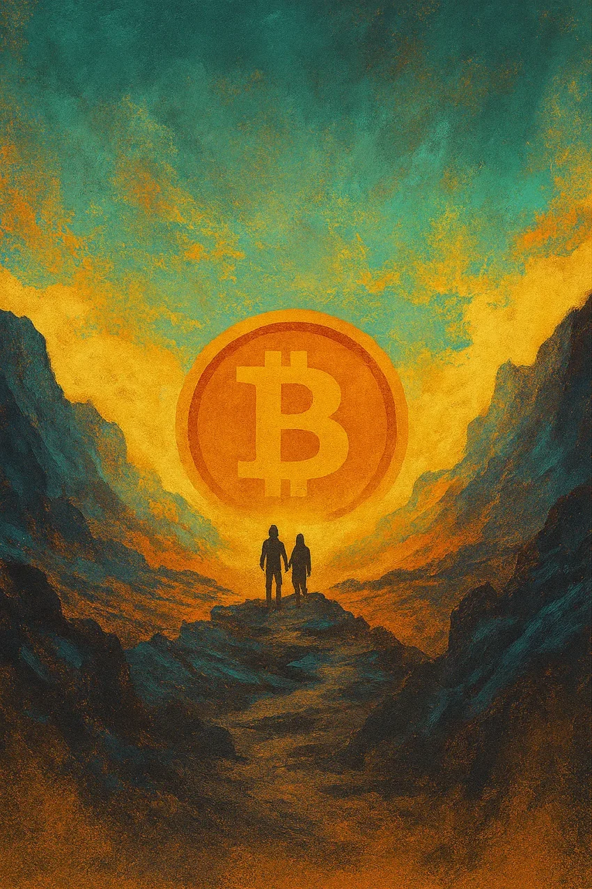 Dos figuras humanas caminan hacia un símbolo de Bitcoin dorado en un paisaje surrealista de montañas y cielo en tonos cálidos y fríos.